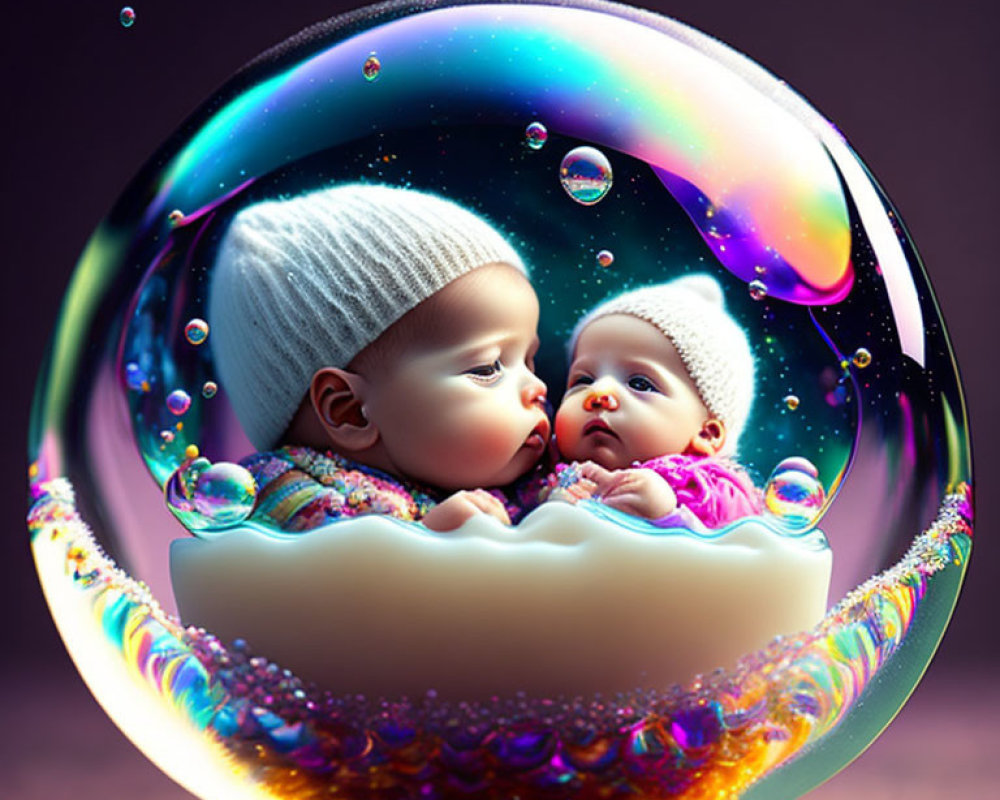 Two Babies in Cosmic Bubble with White Hat in Purple Background