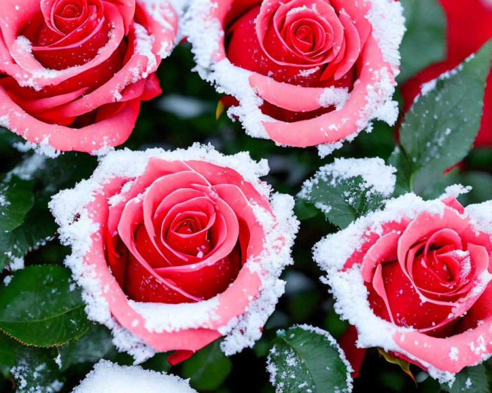 Red roses adorned with snowflakes, a winter-themed floral arrangement.