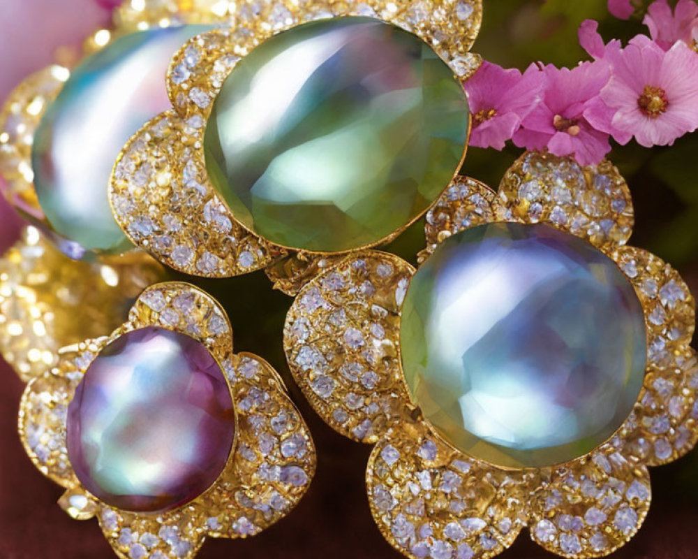 Exquisite golden jewelry with iridescent gemstones and diamonds on pink floral backdrop