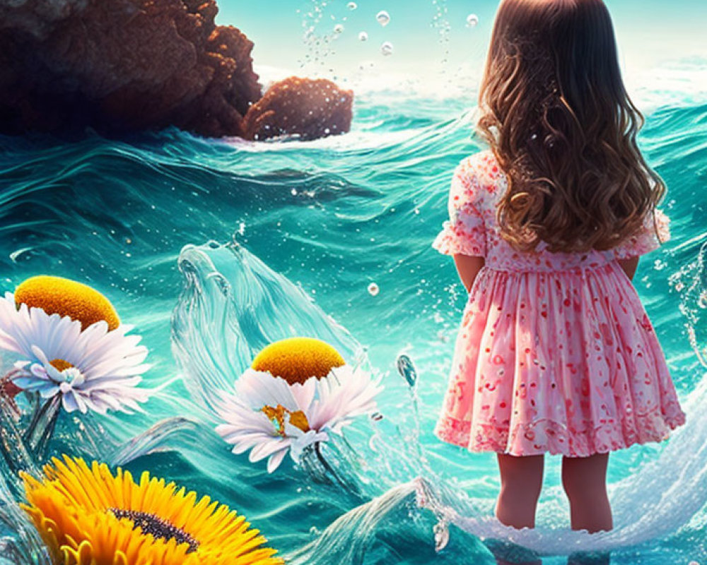 Young girl in pink dress by surreal sea with floating daisies and bubbles