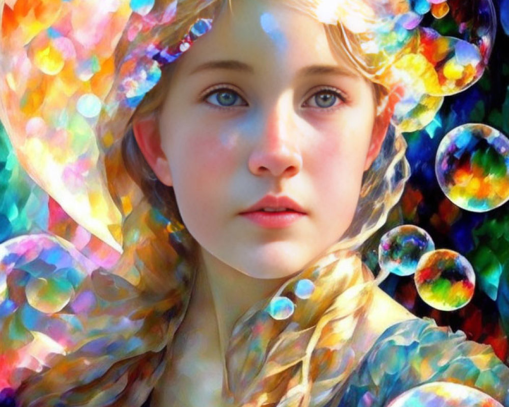 Young girl with blue eyes and blonde braids in digital painting with colorful bubbles.