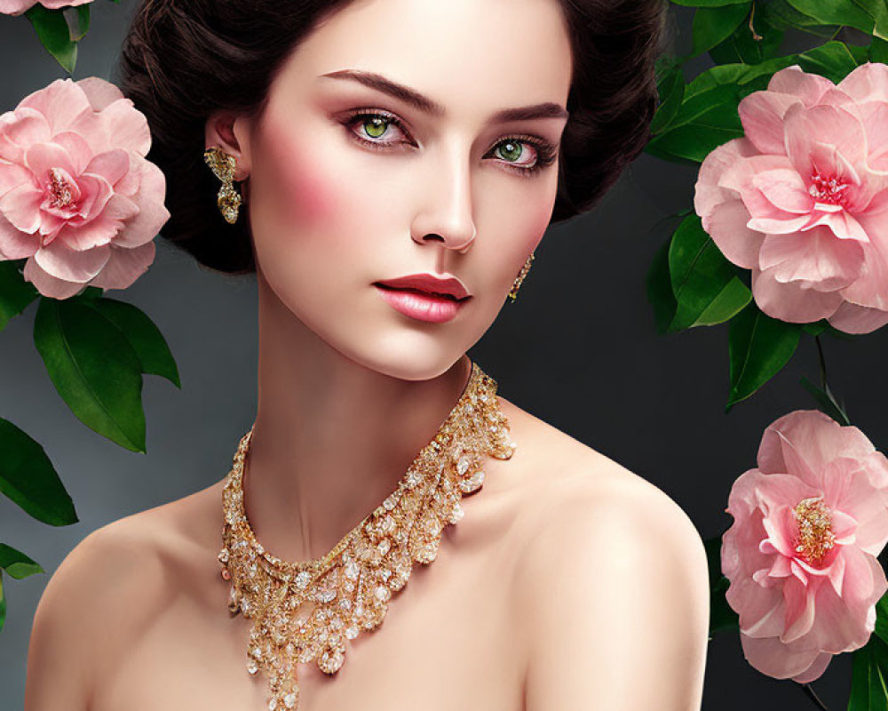 Woman with Elegant Jewelry and Makeup Surrounded by Pink Flowers