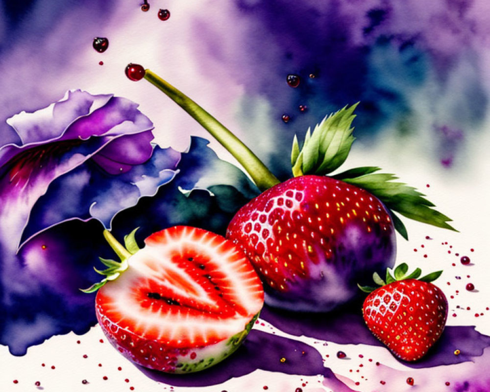 Vivid watercolor painting of sliced strawberry, whole fruit, juice splashes, and purple flower on