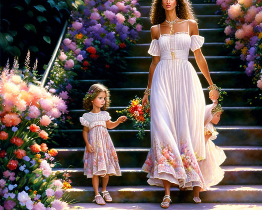 Woman and girl in lush garden with blooming flowers.