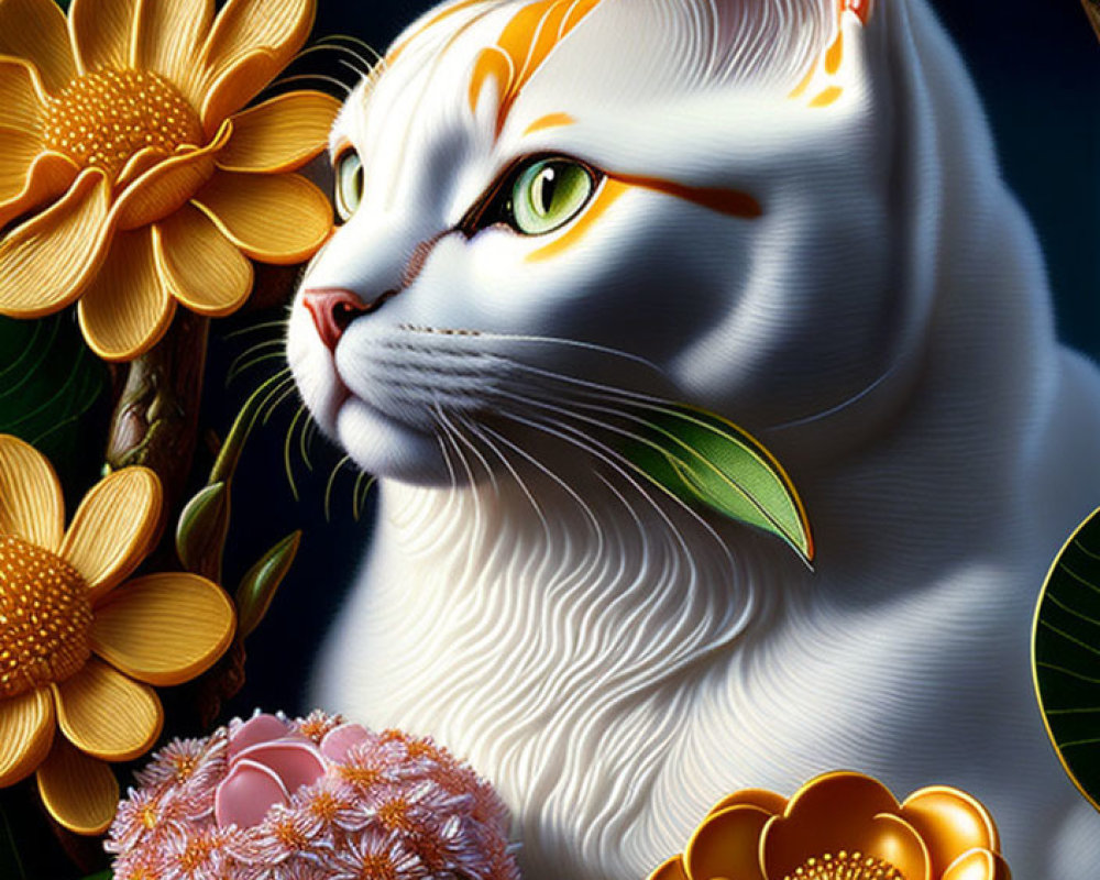 Vibrant white cat digital artwork with orange and green patterns on dark background