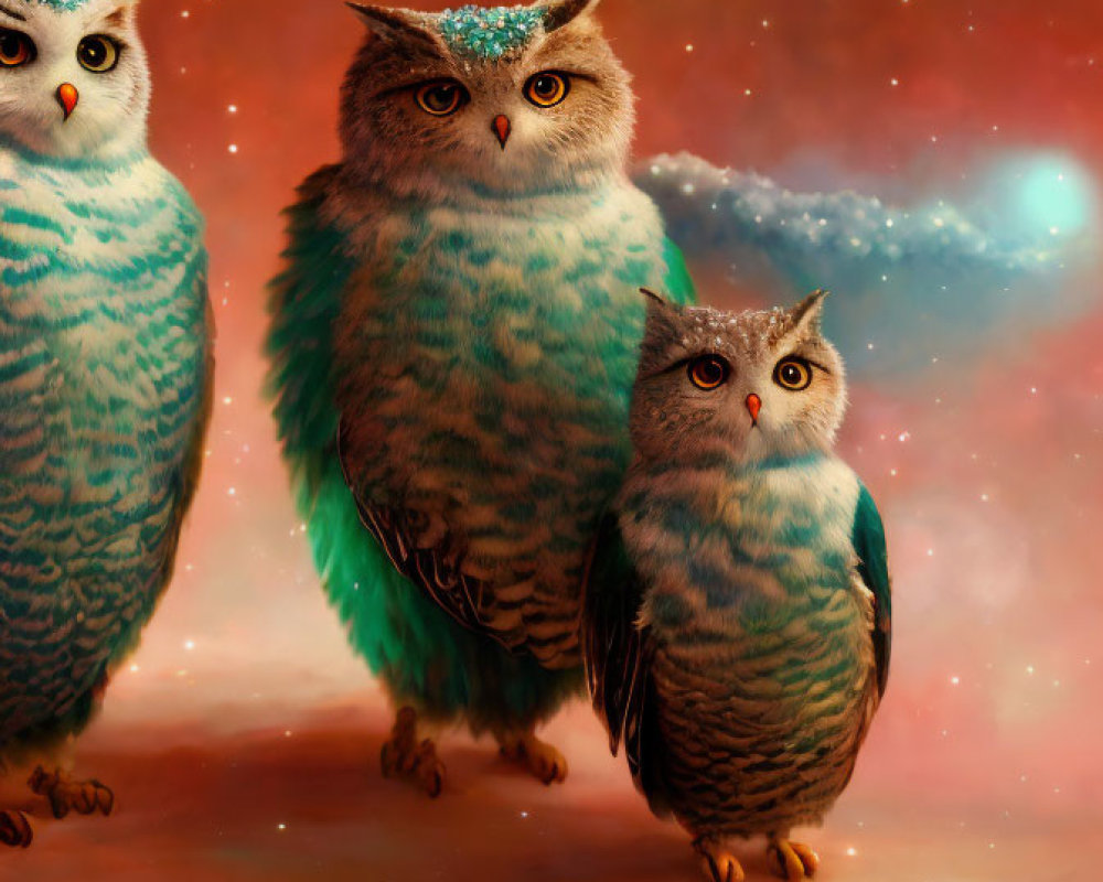 Three Blue-Green Owls with Sparkling Tiaras on Starry Background