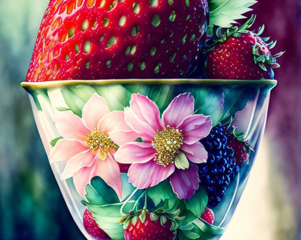 Colorful Glass of Berries and Blossoms with Strawberry on Textured Background