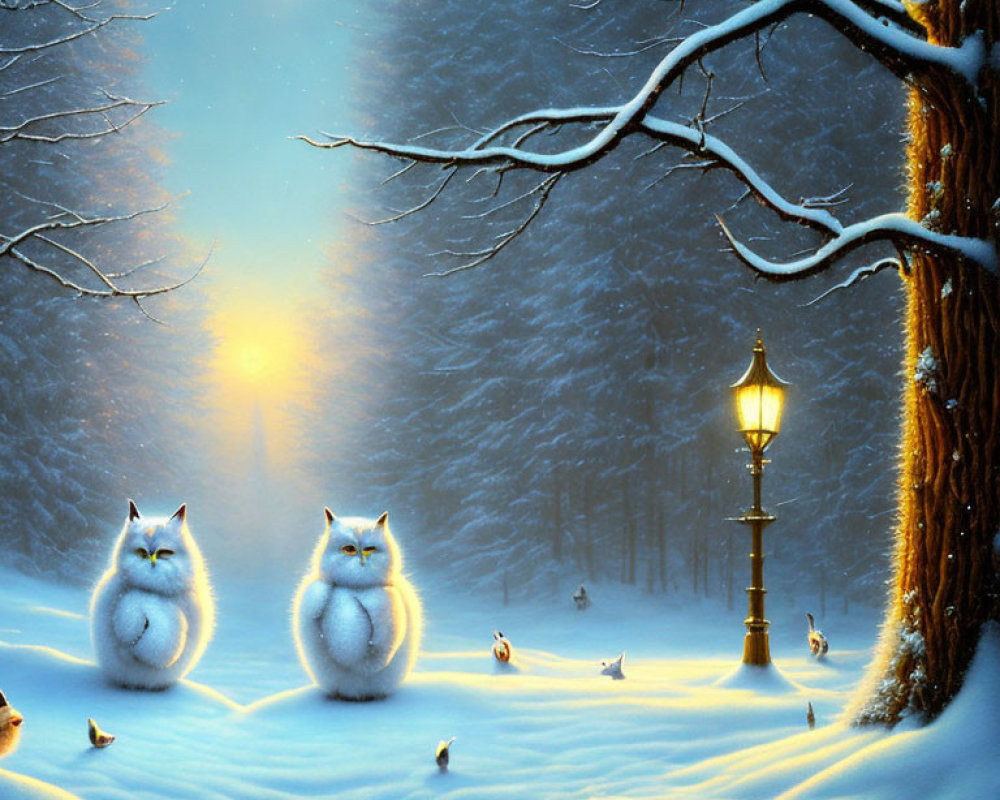 Snowy night: Two white cats, birds, streetlamp, full moon