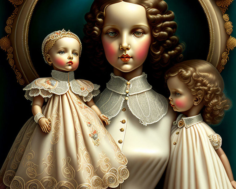 Hyperrealistic girl with two matching dolls in vintage attire on dark background.