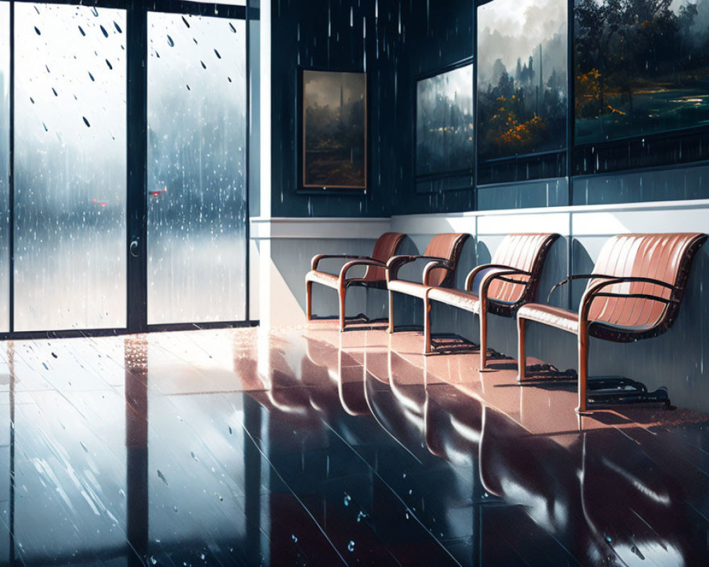 Empty seats in modern waiting area with rainy day reflections.