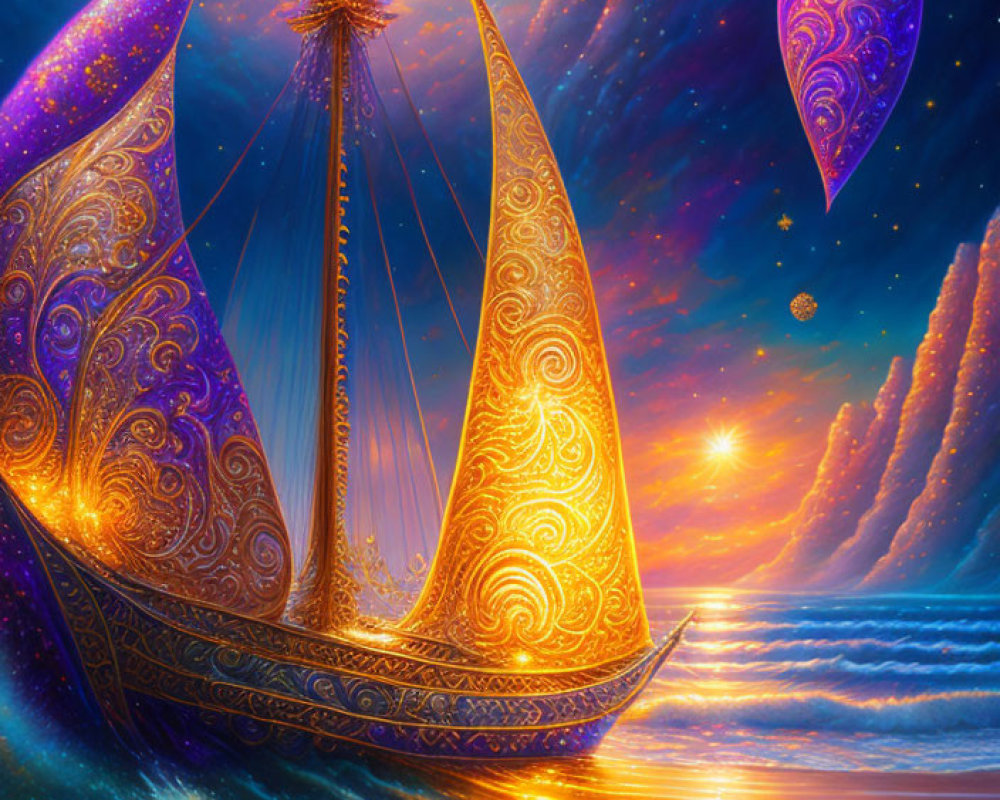 Luminous sailboat on sparkling ocean under star-filled sky