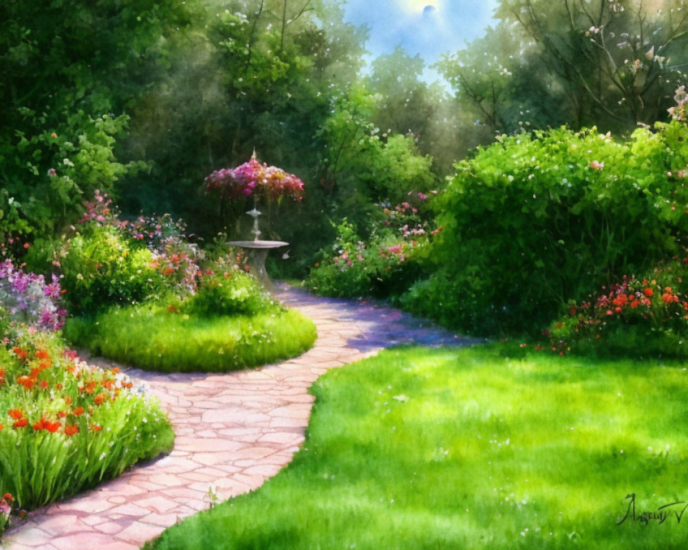 Tranquil garden path with vibrant flowers and classic birdbath