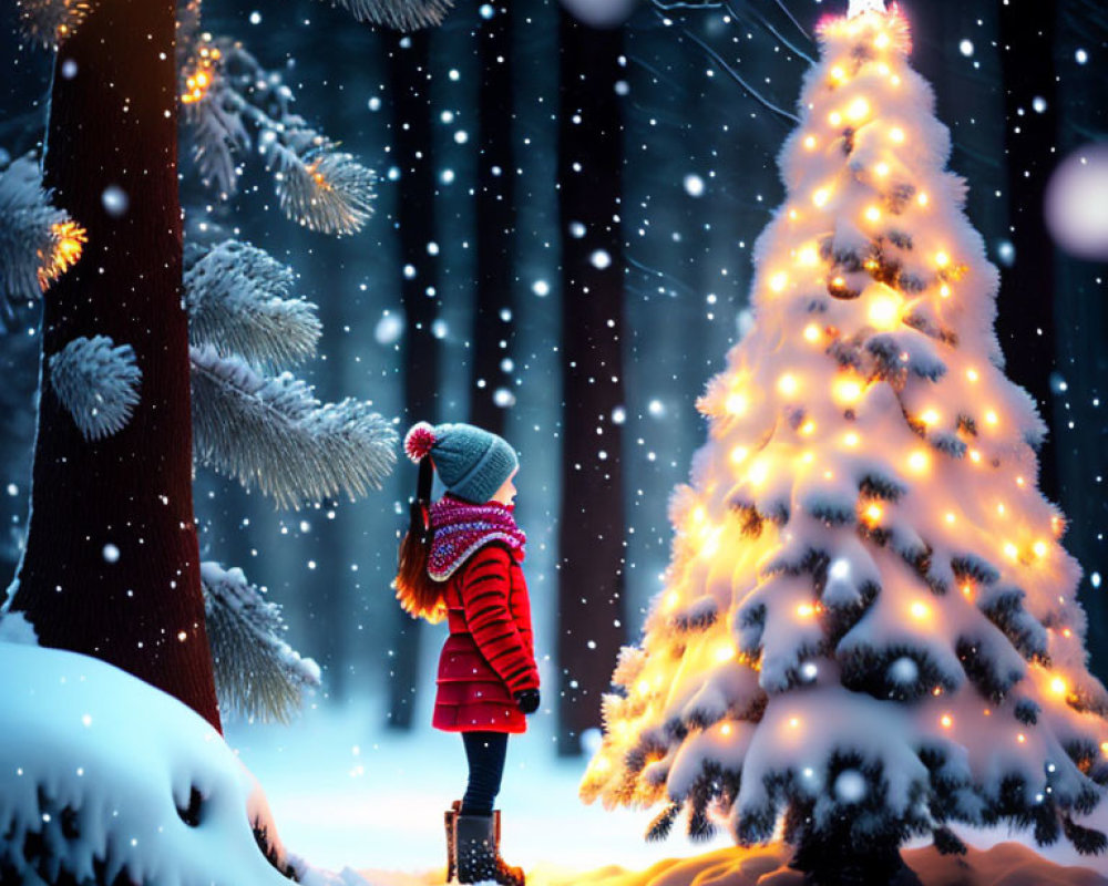 Child in winter clothing admires lit Christmas tree in snowy evening