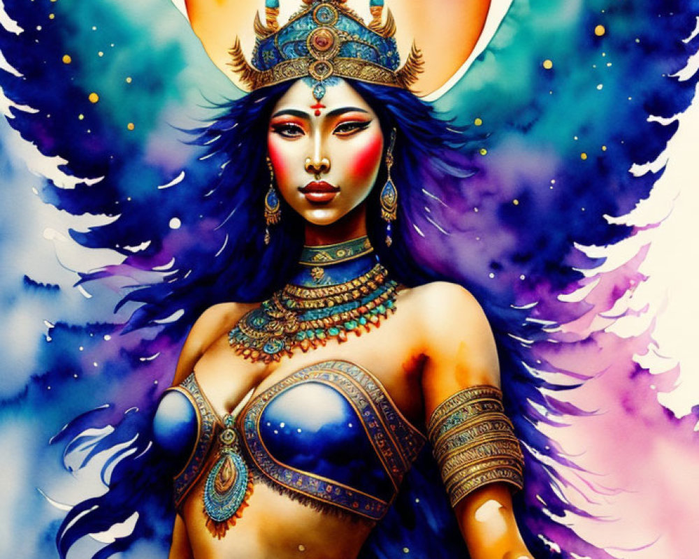 Vibrant illustration of stylized woman with blue skin and cosmic backdrop