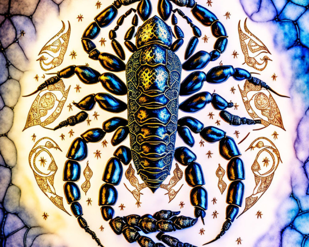 Colorful Scorpion Artwork with Celestial Symbols and Patterns