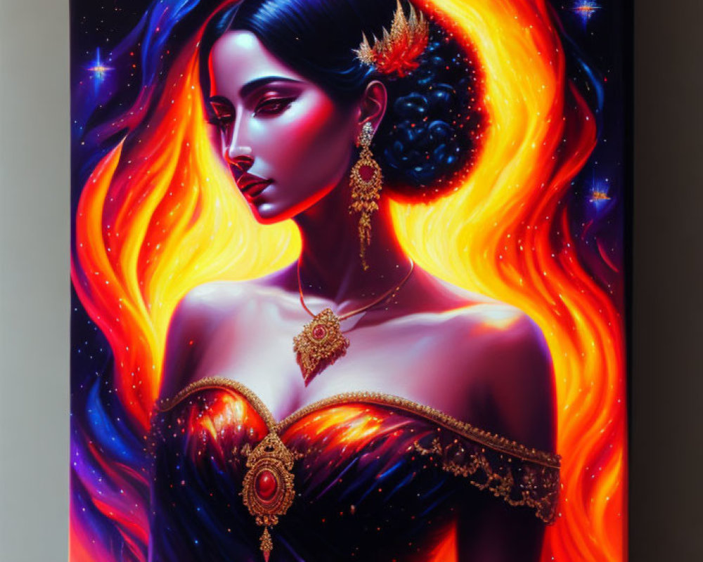 Fiery-haired woman in cosmic setting with gold jewelry on dark sky