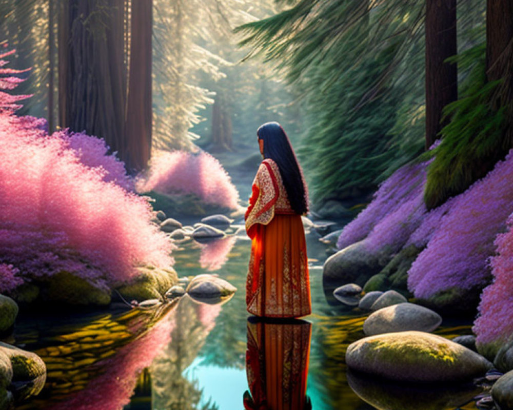 Woman in Traditional Orange Dress by Tranquil Stream with Pink Foliage