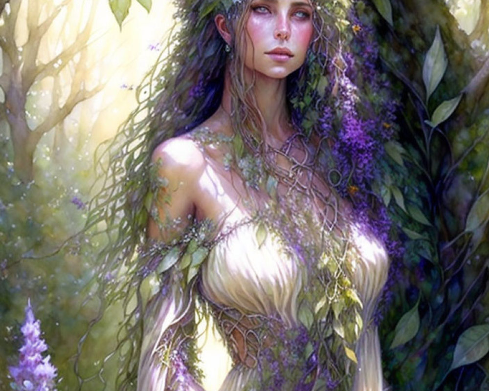 Ethereal woman in flowing gown surrounded by lush greenery