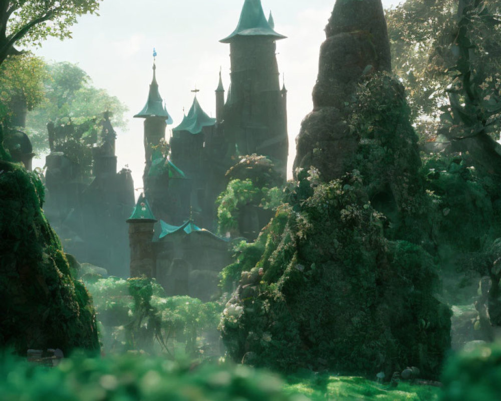 Enchanting fairy-tale castle in sunlit forest