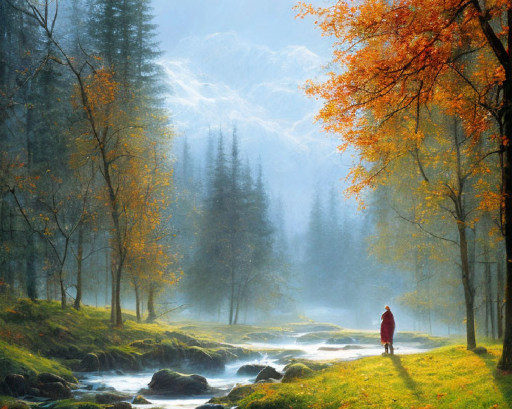 Autumnal landscape with person in red by stream, golden trees, misty mountains