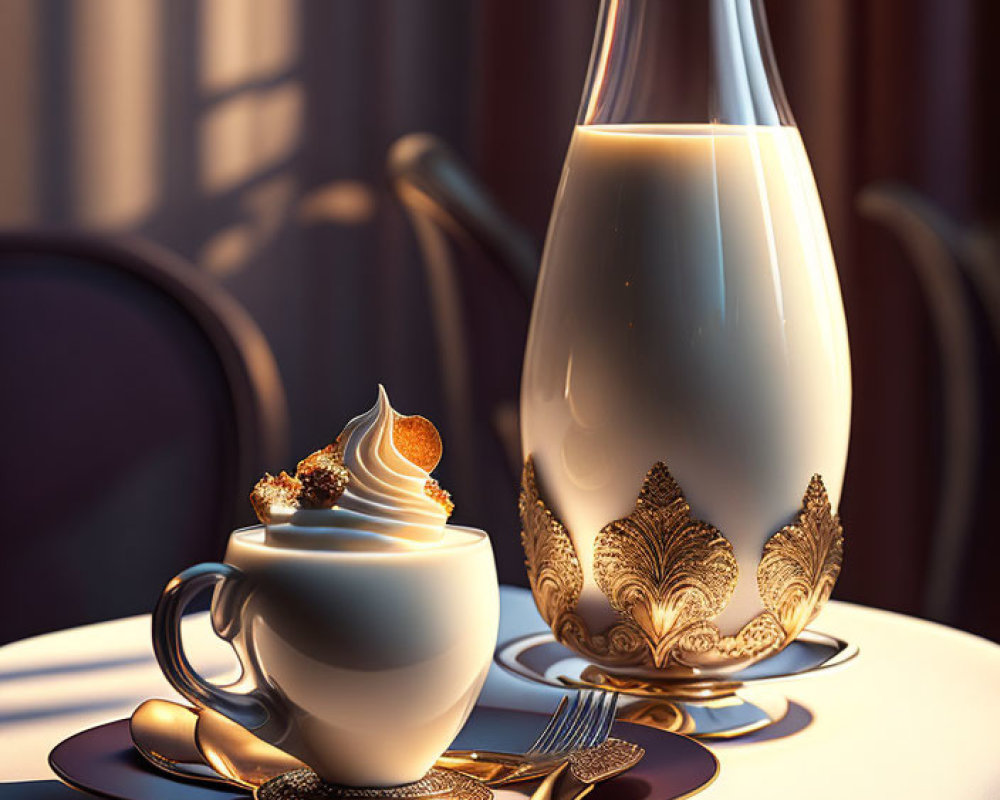 White-Gold Tea Set and Matching Bottle with Golden Patterns on Table by Window