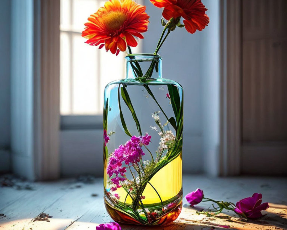 Transparent Vase with Colorful Flowers on Wooden Surface in Sunlight