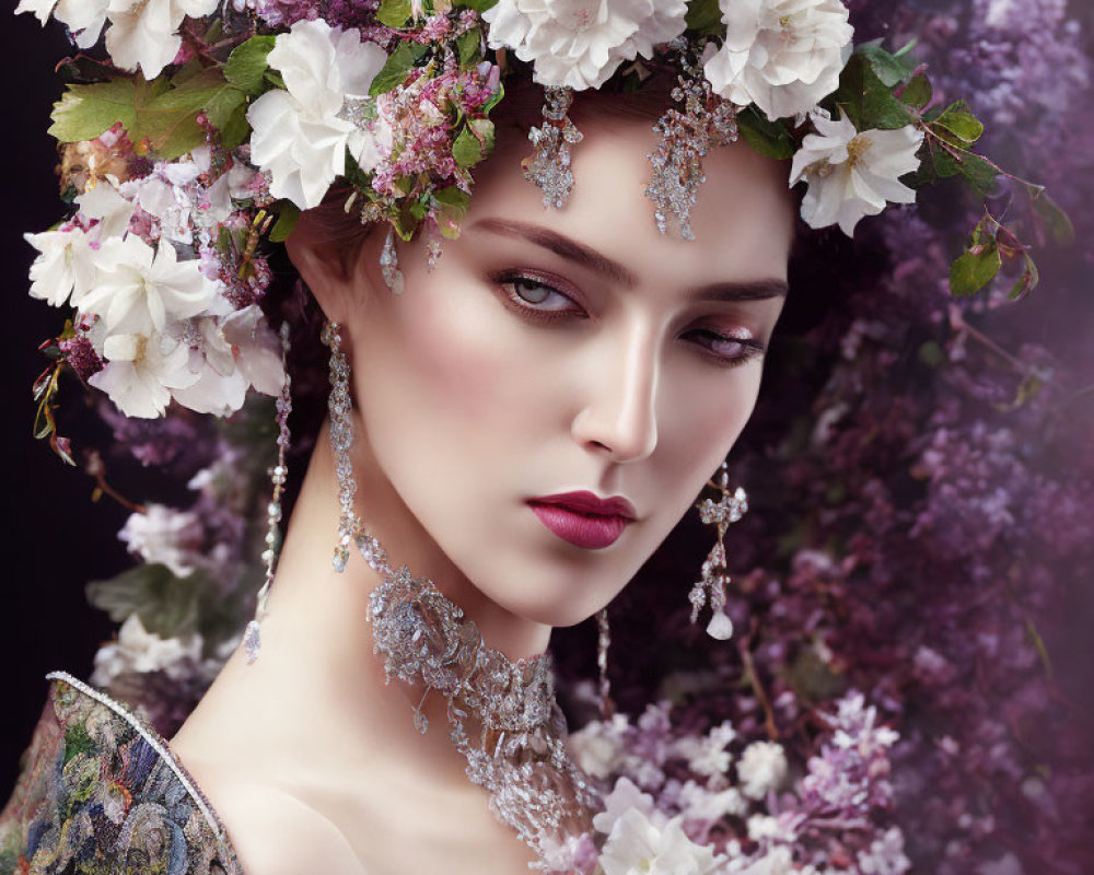 Woman with floral wreath and jewelry in purple flower setting