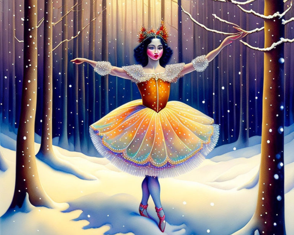 Ballerina in vibrant costume in snowy forest at twilight