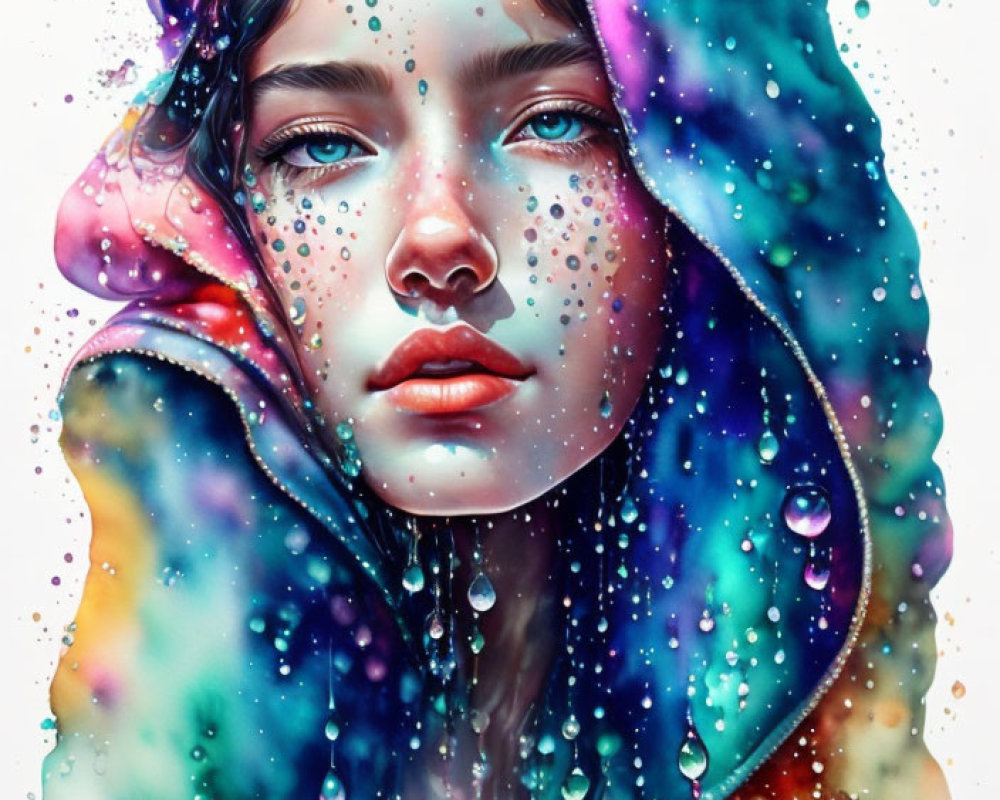 Multicolored hooded woman with intense blue eyes and water droplets