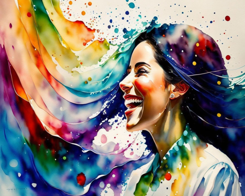 Colorful Watercolor Painting of Smiling Woman