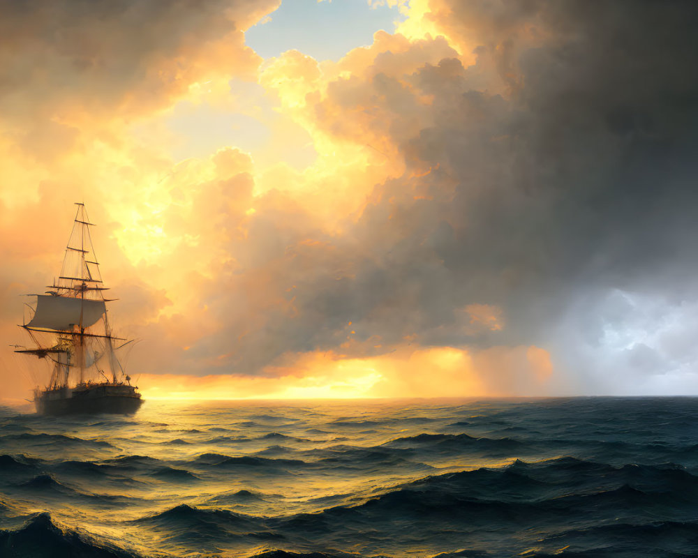 Sailing ship in turbulent seas at sunset with storm clouds