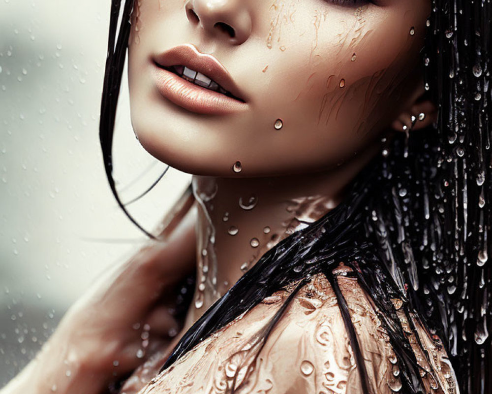 Woman with wet hair and skin gazes through raindrop-dotted glass, creating moody atmosphere