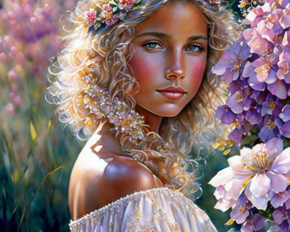 Young woman with floral wreath in blonde hair amidst purple blooms in garden