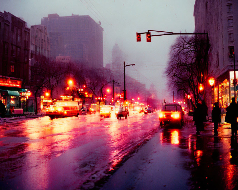 City Street at Twilight: Cars, Wet Pavement, Snowfall Reflections