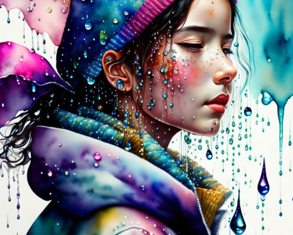 Colorful portrait of a girl with dripping paint and water droplets