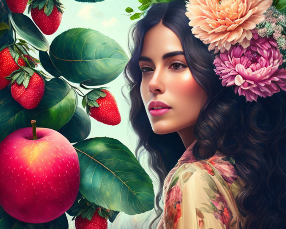 Woman with Flowers in Hair Surrounded by Fruit and Foliage