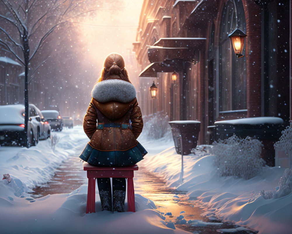 Person sitting on stool gazes at snow-covered street with lit lampposts and buildings in falling