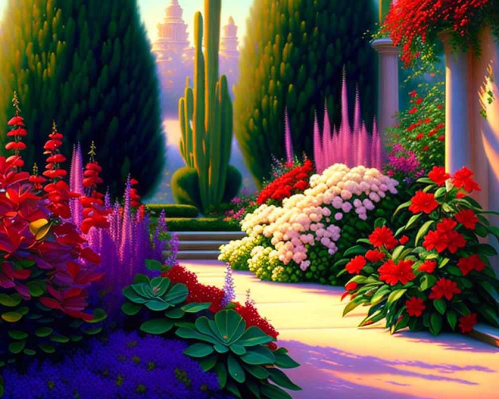 Colorful Flower Garden Leading to Castle at Sunset