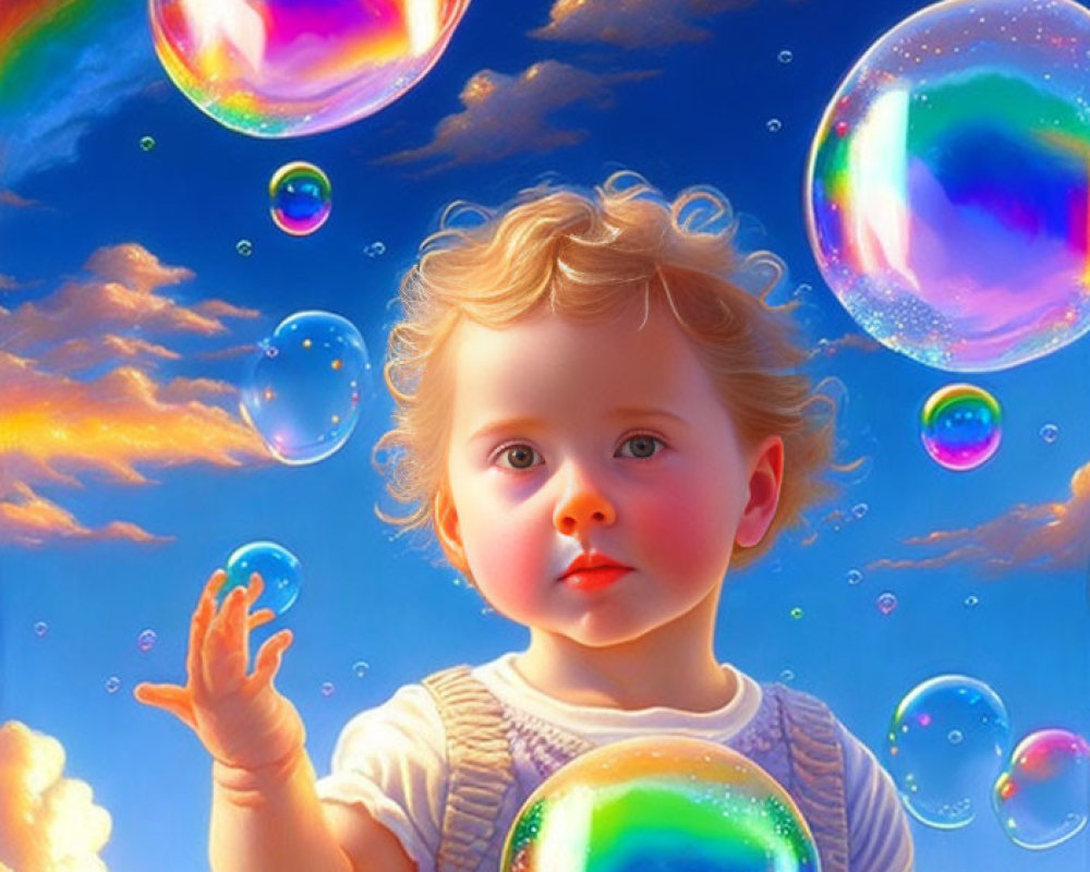 Child with curly hair reaching for iridescent soap bubbles against rainbow backdrop