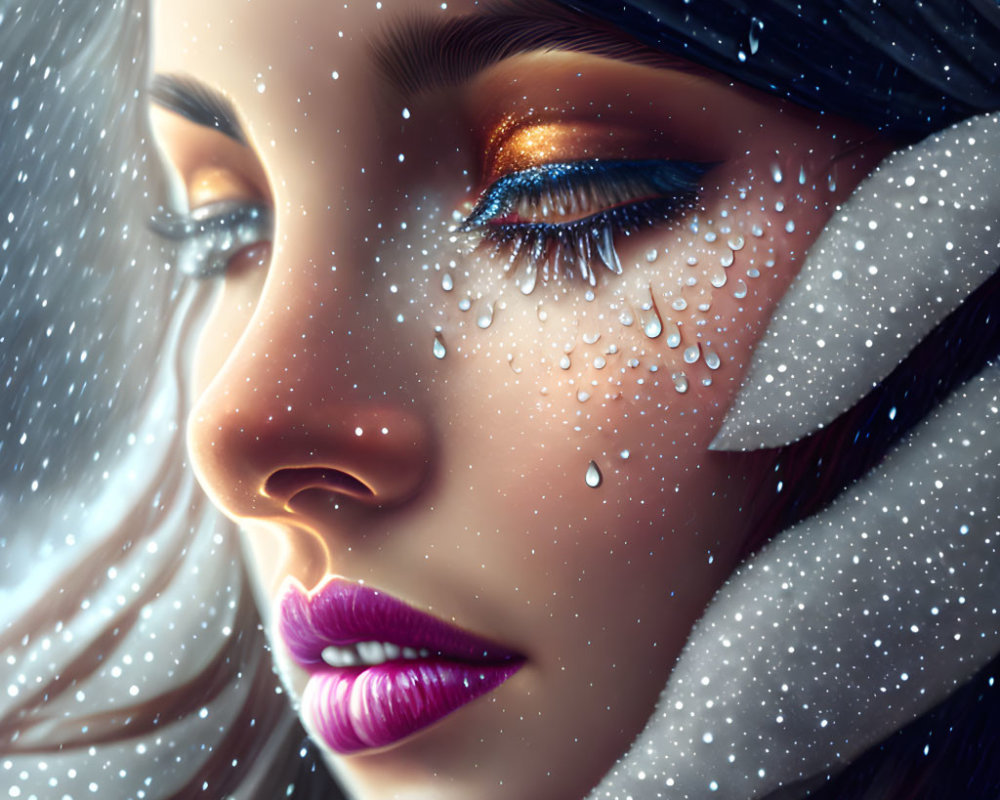 Detailed digital artwork of woman's face with water droplets, blue eyeshadow, pink lips on