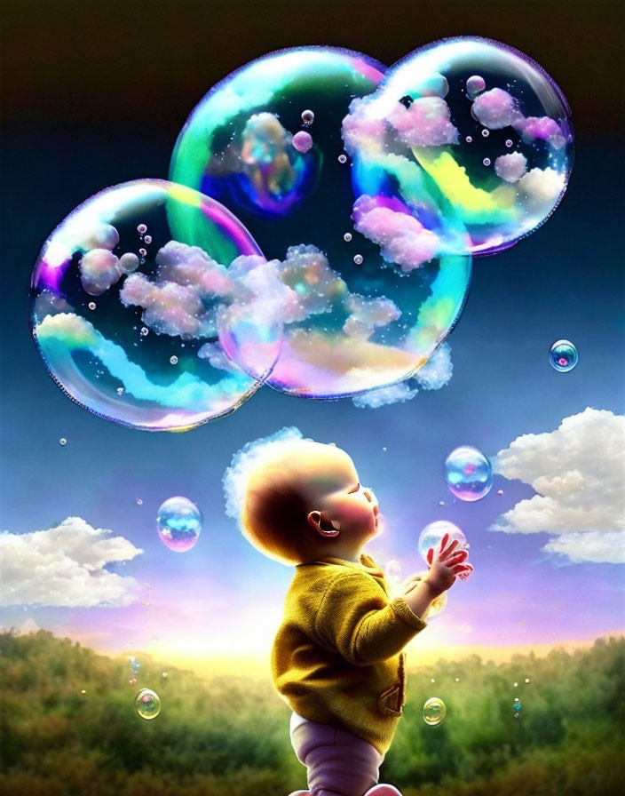 Child reaching out to vibrant, oversized iridescent bubbles at sunset