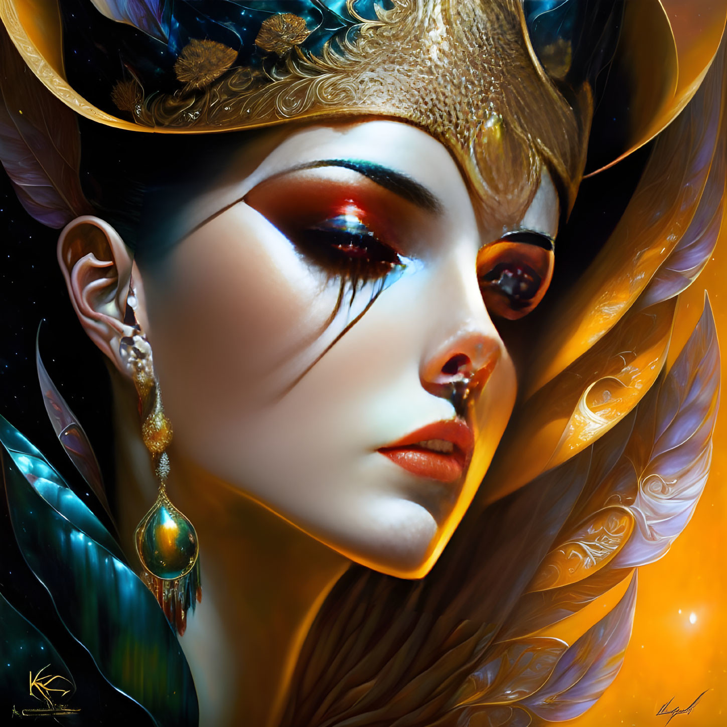 Fantasy character portrait with golden headgear, red eye makeup, and feathered accents on orange backdrop