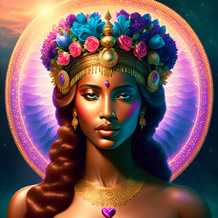 Digital artwork: Woman with golden headdress, angelic wings, flowers, and jewels on starry