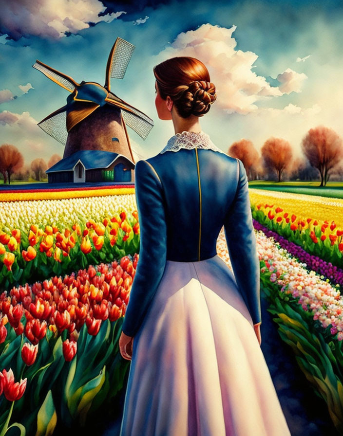 Vintage dress woman in tulip field with windmill under dramatic sky