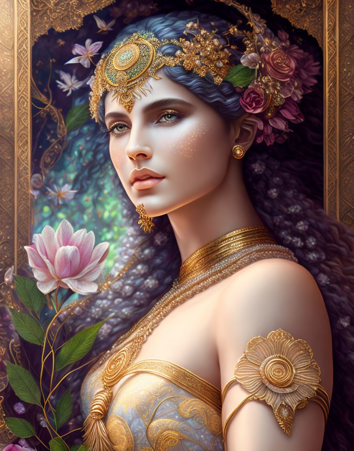 Detailed Digital Art Portrait of Woman with Gold Jewelry and Floral Accessories