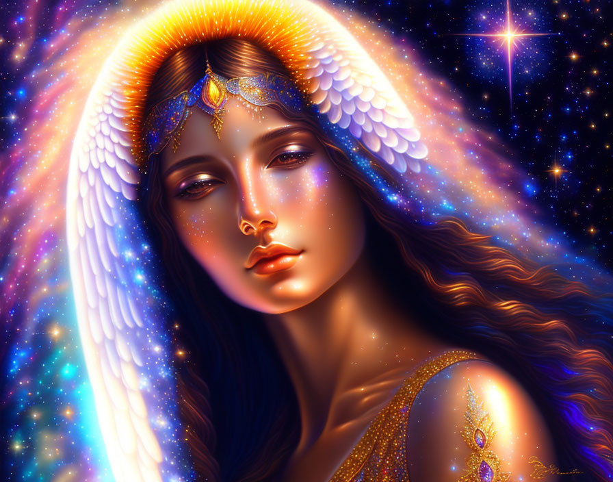 Golden-eyed celestial being with ornate headpiece and luminous wings in cosmic scene