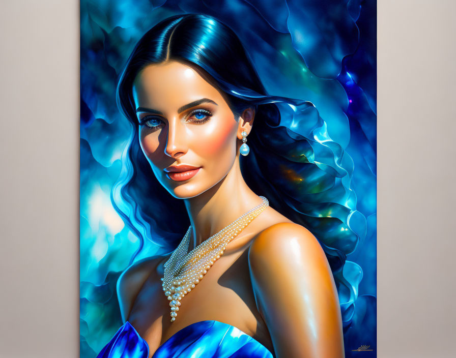 Stylized portrait of a woman in blue dress with flowing hair