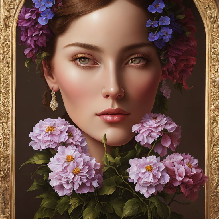 Woman portrait with purple floral adornments in golden frame