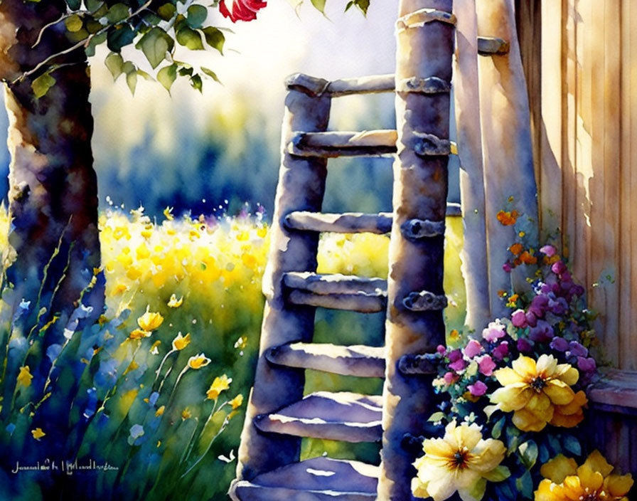 Rustic wooden ladder in watercolor with vibrant flowers and greenery