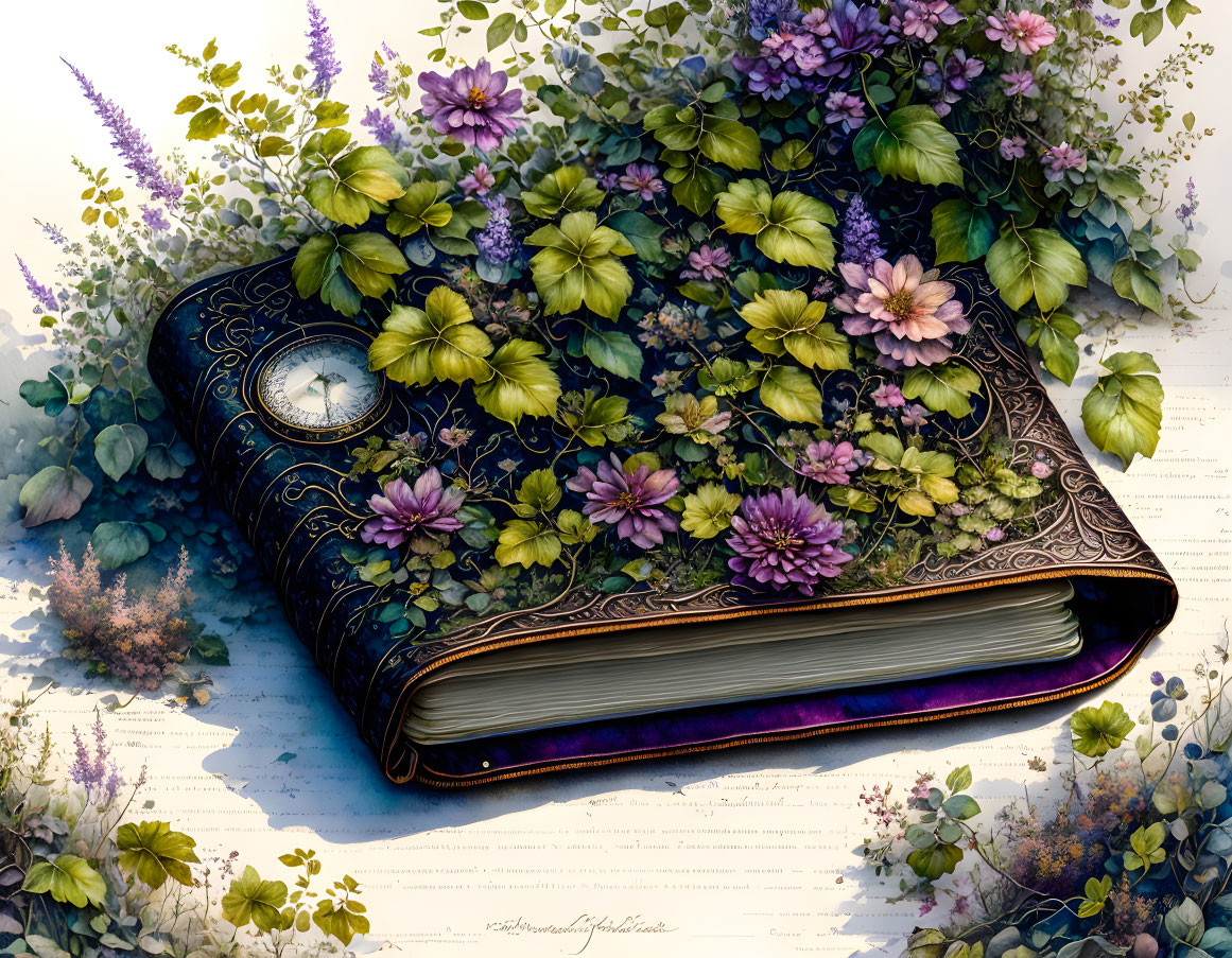 Illustration of a blooming book cover with vibrant flowers and foliage and compass design